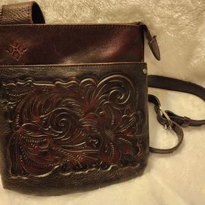 Small Patricia Nash Burnished Leather Crossbody Bag in Burgundy Color